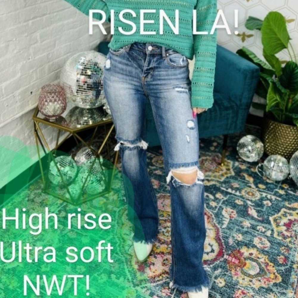 Risen denim jeans distressed straight leg pant
